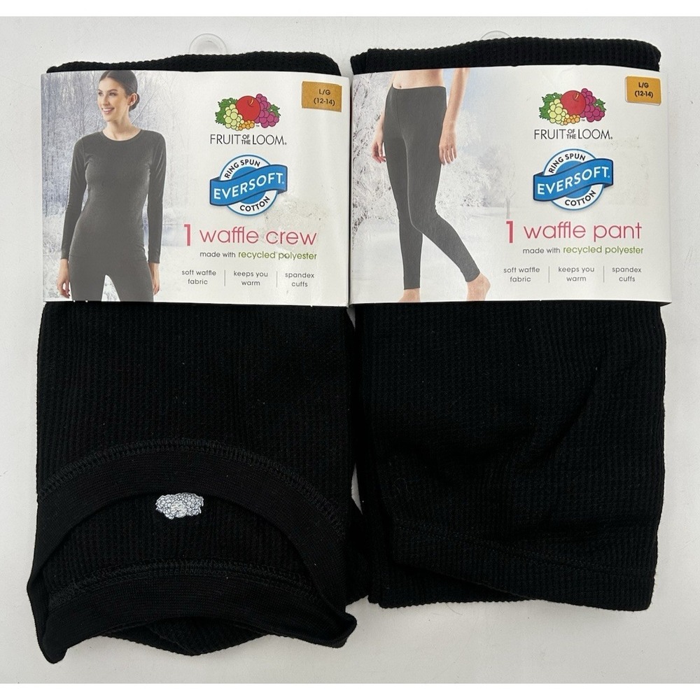 Fruit of the Loom Thermal Waffle Crew Long Sleeve + Waffle Pants Black Women Lg